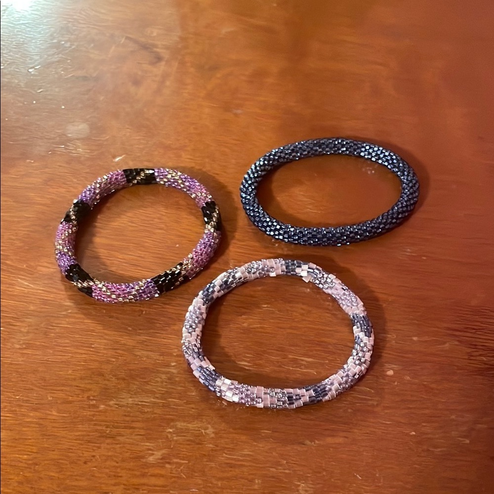 Elegant Beaded Bracelet Set - Purple, Black, and Blue